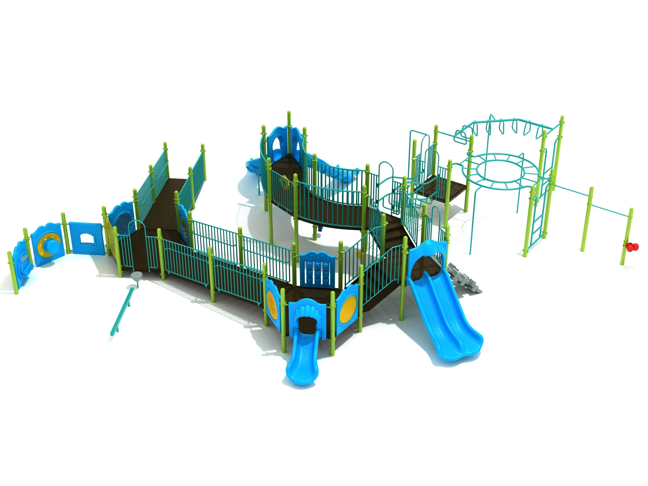 Beverly Park Accessible Commercial Playground System - Image of the playground with slides, ramps, and play panels.