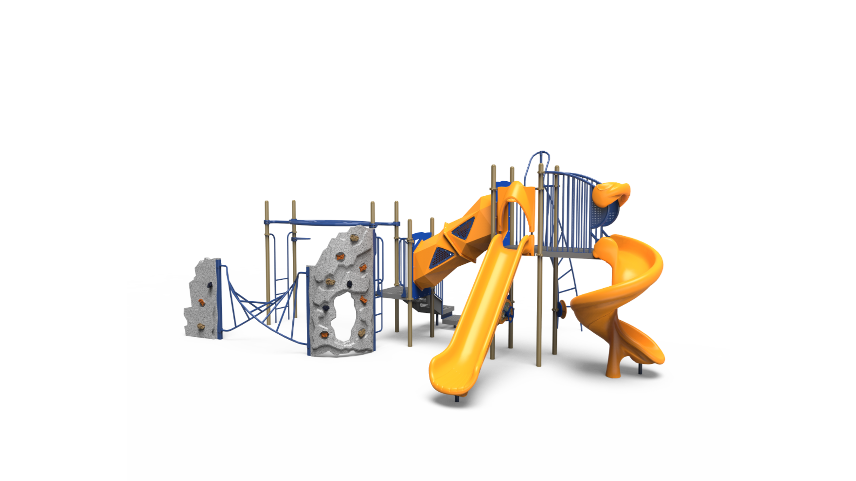 A vibrant Turnabout playground set with slides and climbing features for school-age children.
