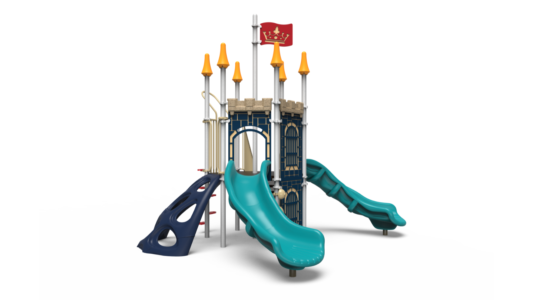 An aerial view of the squires fortress, a colorful castle-themed Challengers playground with two slides and a GEO Climber.
