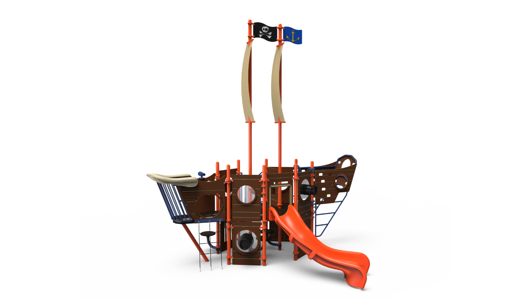 A vibrant Ahoy Matey nautical-themed playground with a slide, climbers, and ship-like features.