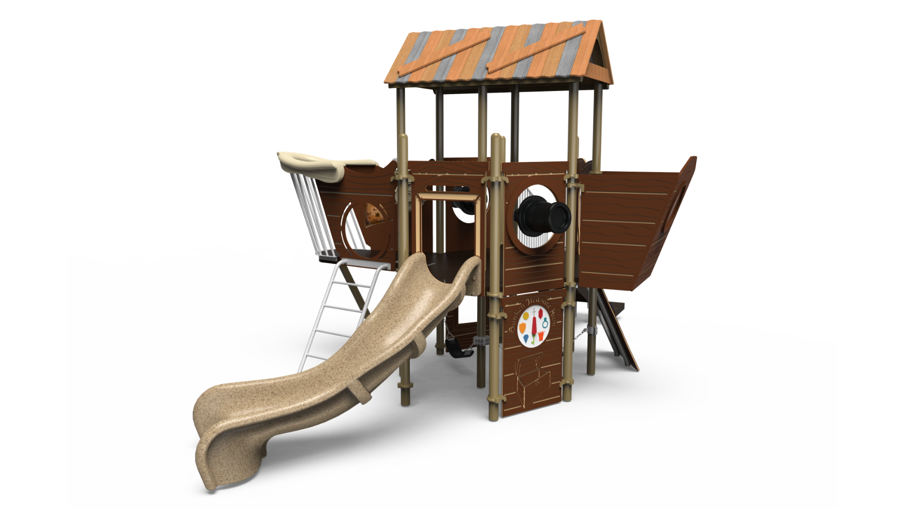 A vibrant Minnow ship playground with a slide and climbing features for young children.