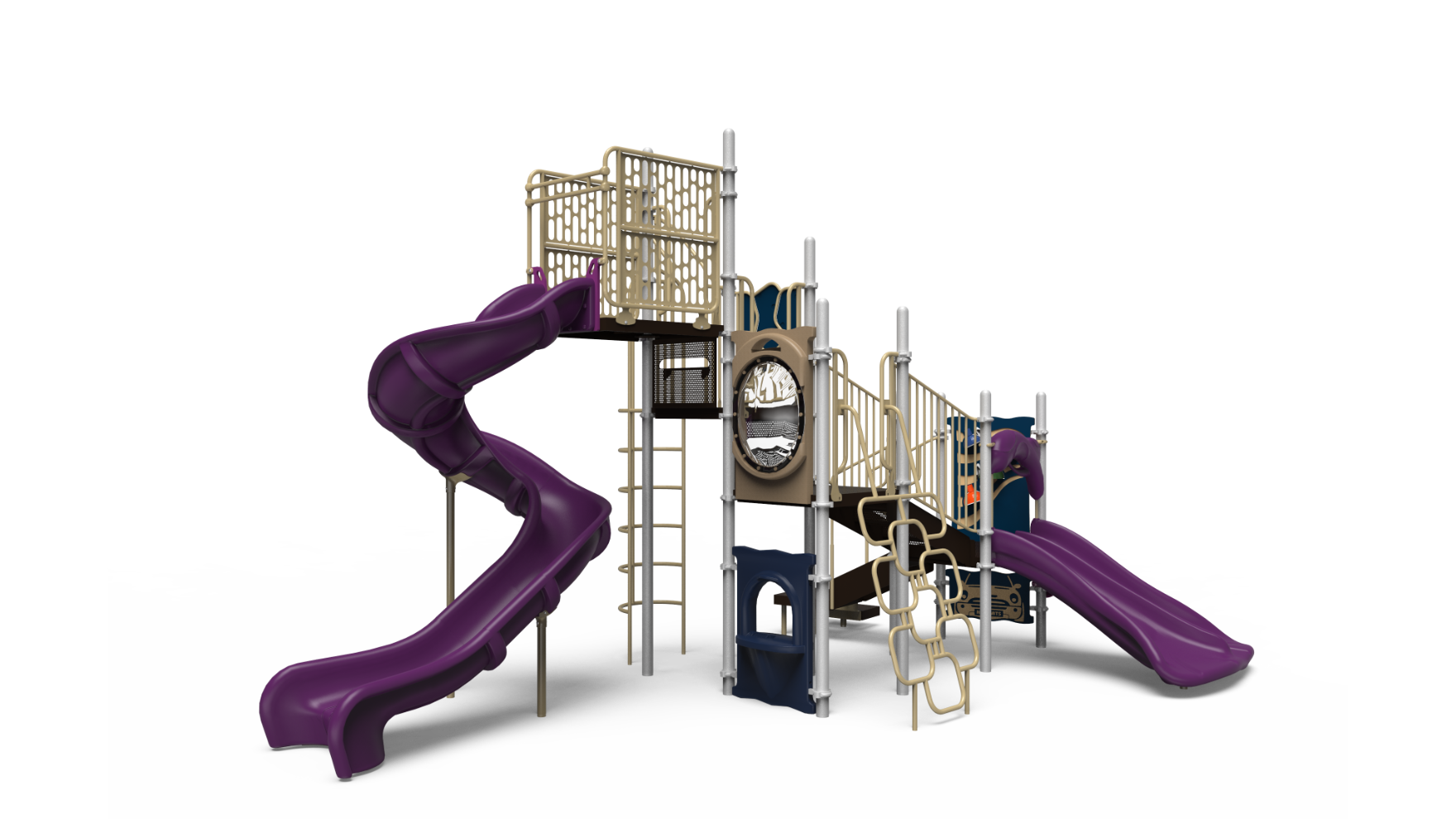 Kids playing on the colorful hop skip slide playground with multiple slides and climbing features.