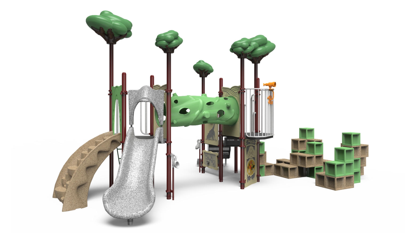 Children playing on a colorful Wildlife Quest playground structure with slides and climbing features.