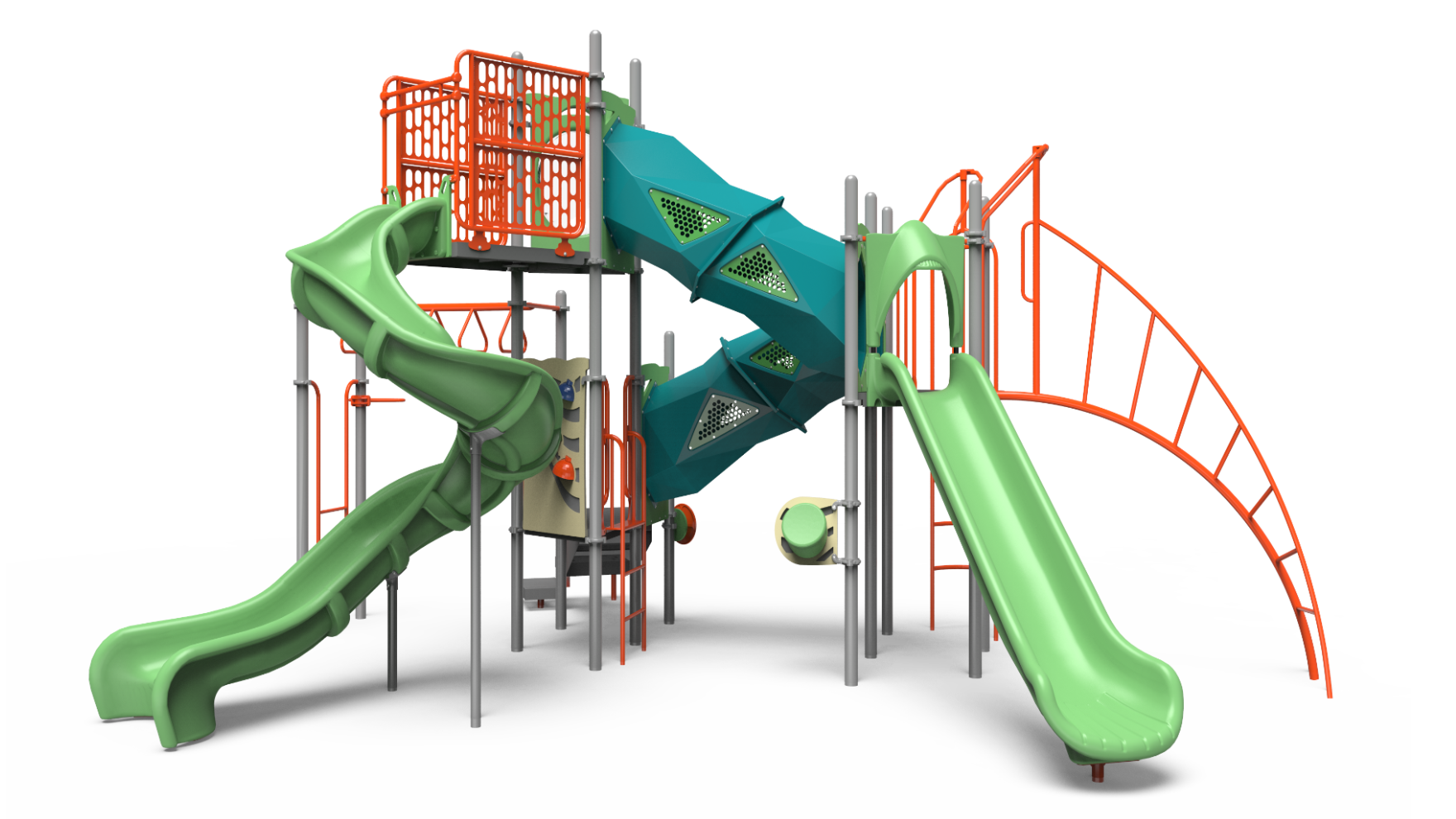 A vibrant 350-1733 school-age playground set with slides and climbing features, designed for active children.