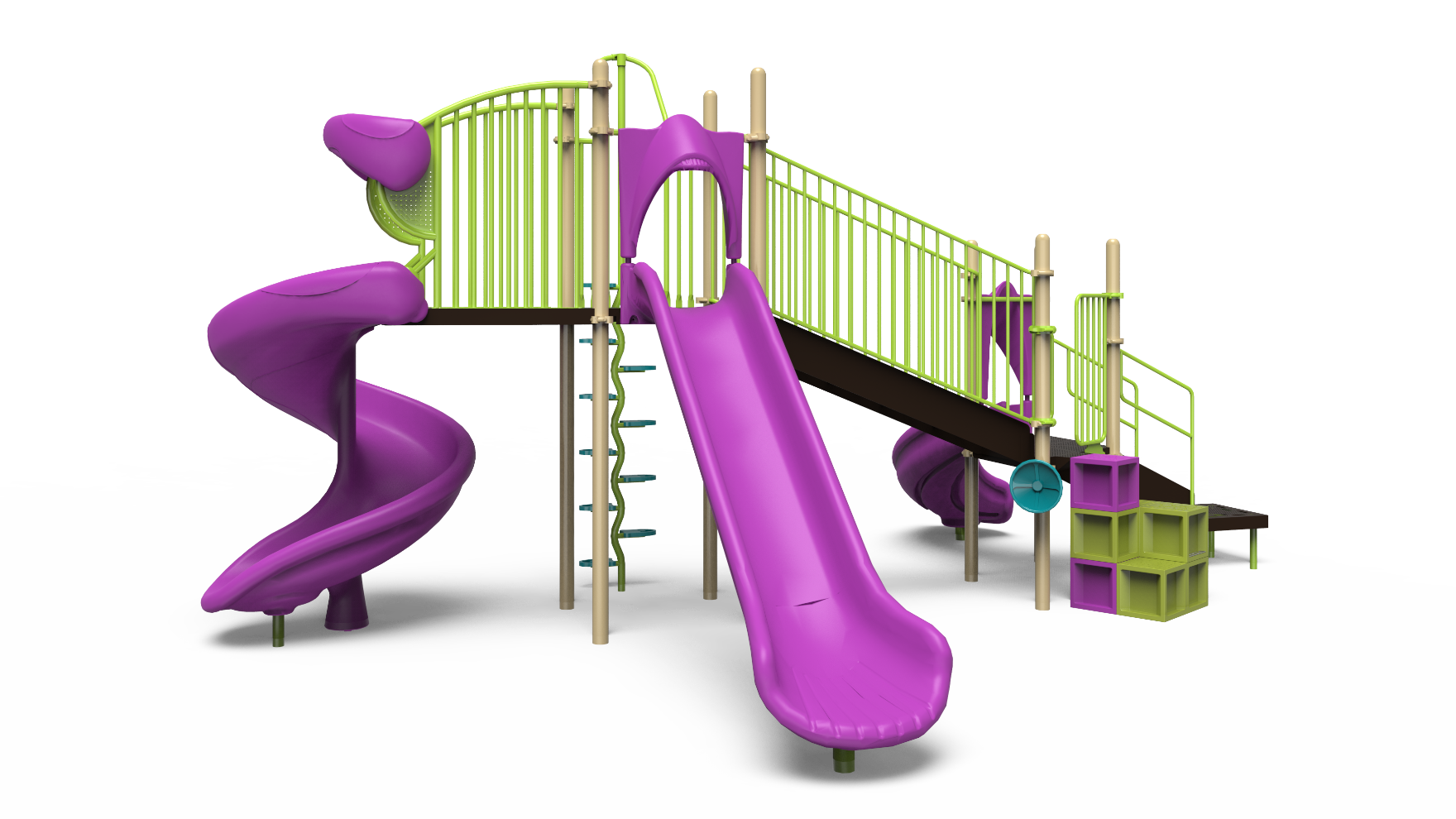 A vibrant outdoor playground set, model 350-1737, with slides and climbing features.