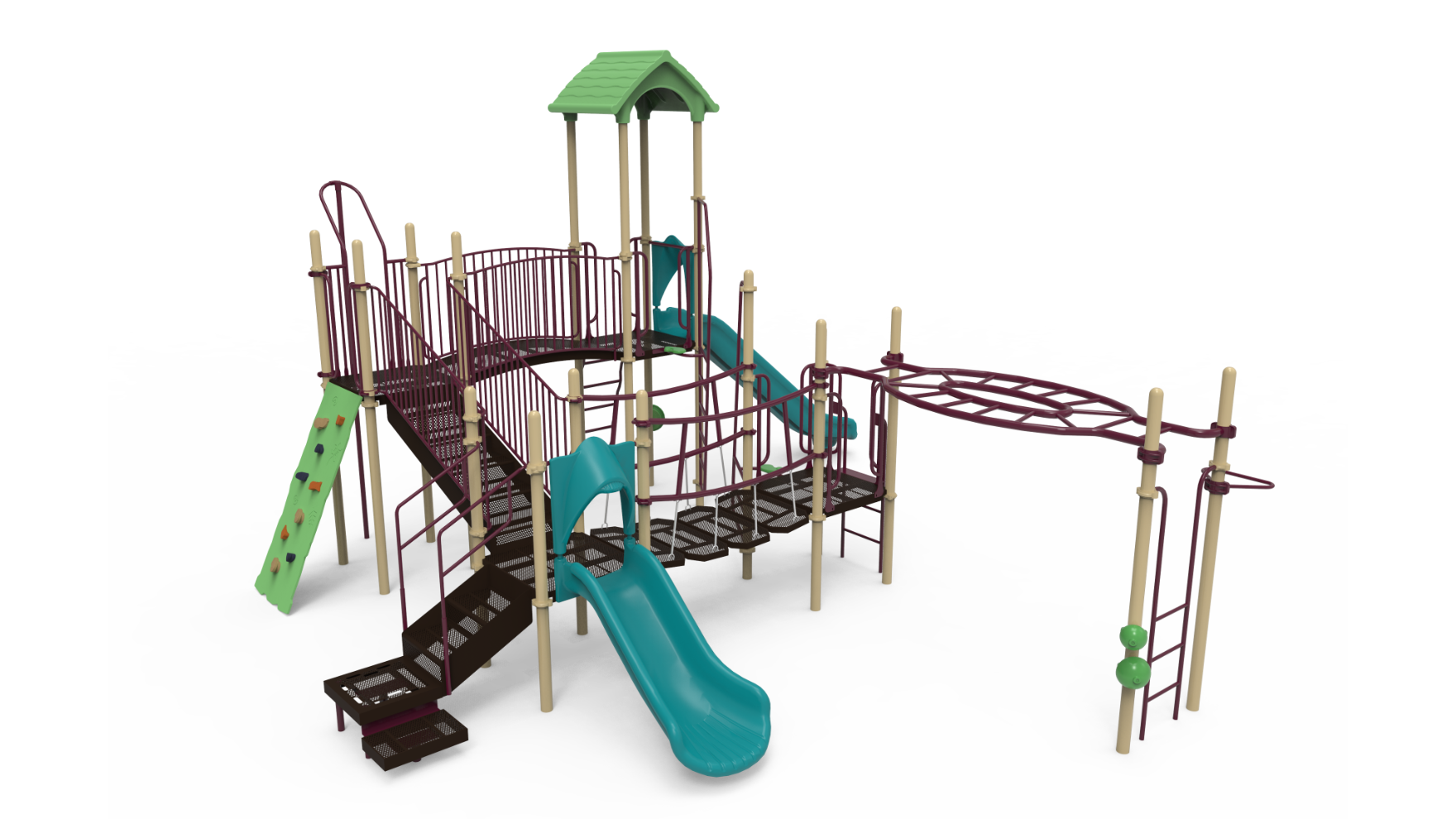 A colorful school-age playground set 350-1743, the Challengers playground 350-1743 school-age, with multiple slides and climbing elements.