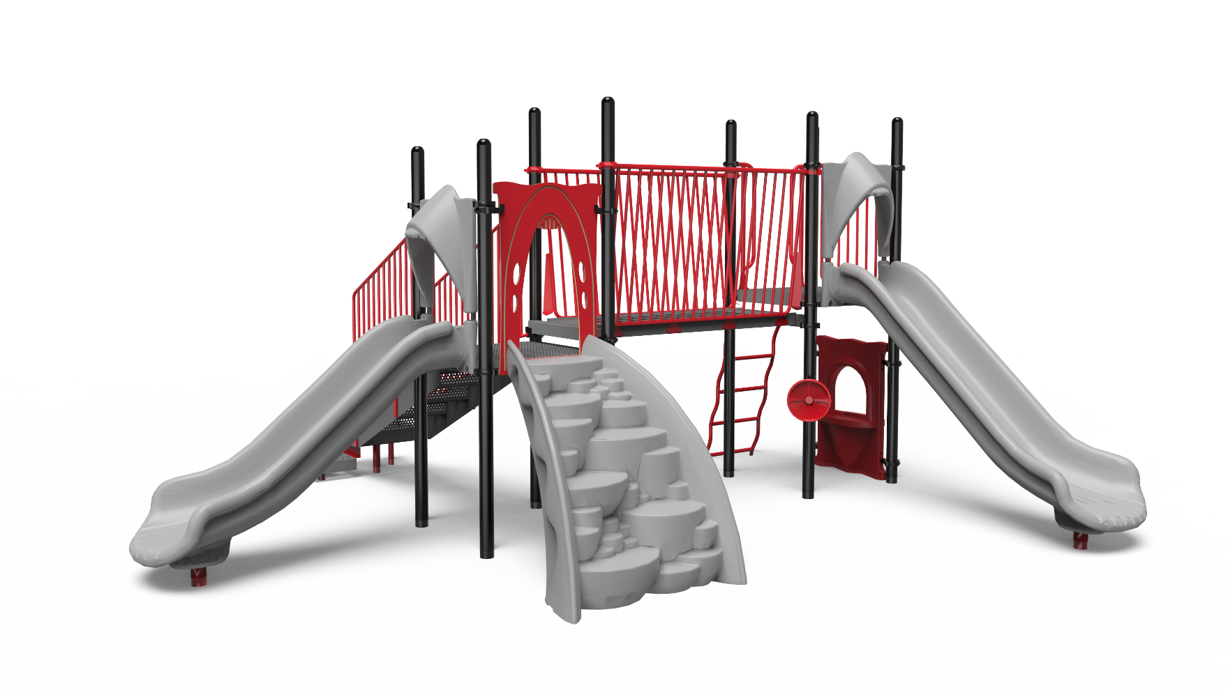 A vibrant Jefferson playground with slides, climbers, and platforms for children.