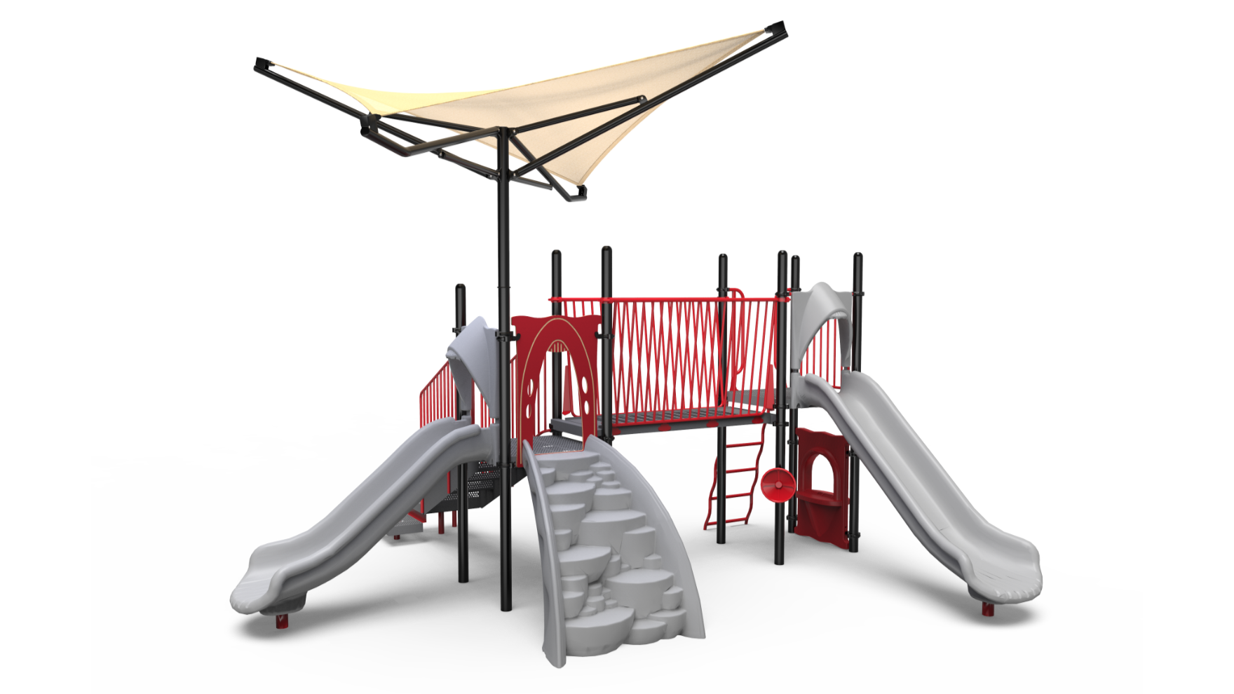 The Jefferson W Shade playground structure with a protective canopy for sun safety.