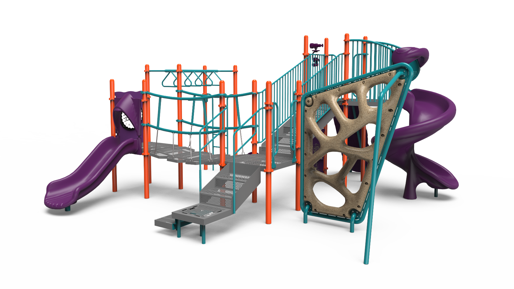 Kids playing on a colorful Fiesta Town playground structure with slides and climbers.