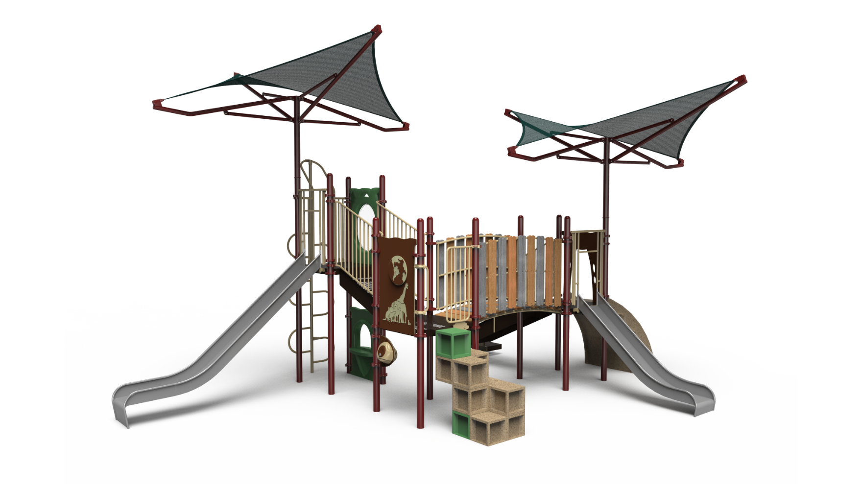 canopy junction early – A durable canopy junction connecting shade structures on an early childhood playground.