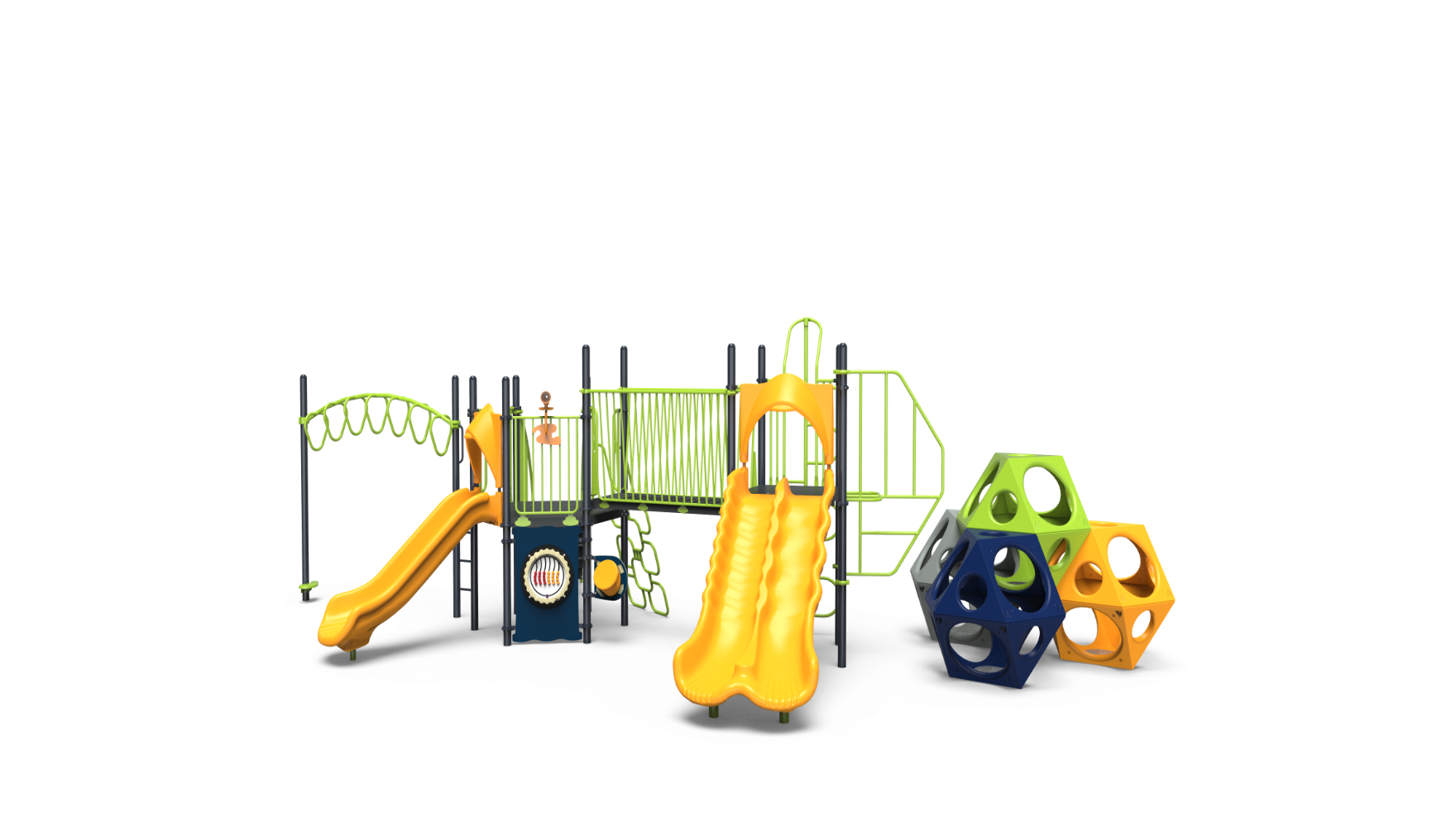A vibrant school-age playground set, model 350-1971, with slides and climbing features, designed for active children.
