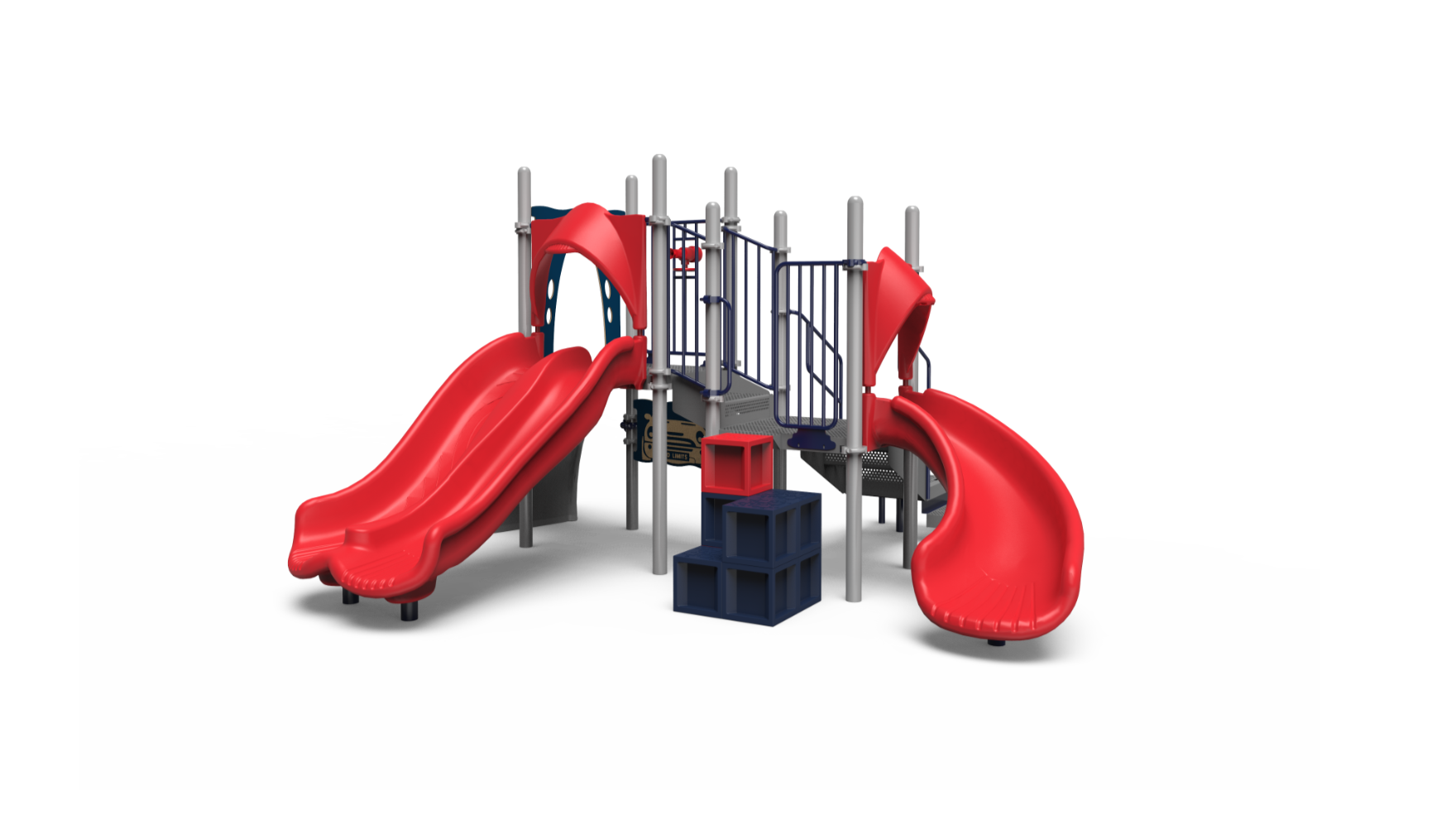 A vibrant Challengers playground 350-2063 early childhood structure with slides, stairs, and activity panels.