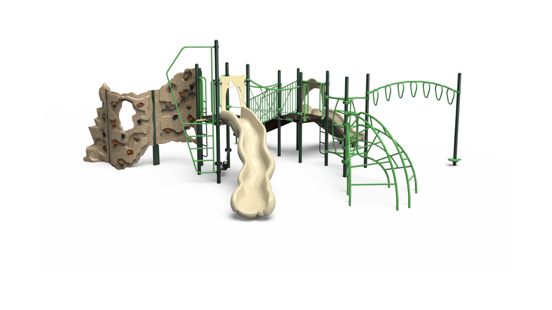 A vibrant 350-2105 school-age playground set with slides and climbing features.