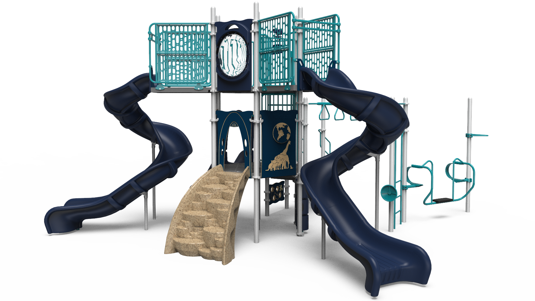A vibrant outdoor playground structure, model 350-2108, with slides, climbers, and platforms for school-age children.