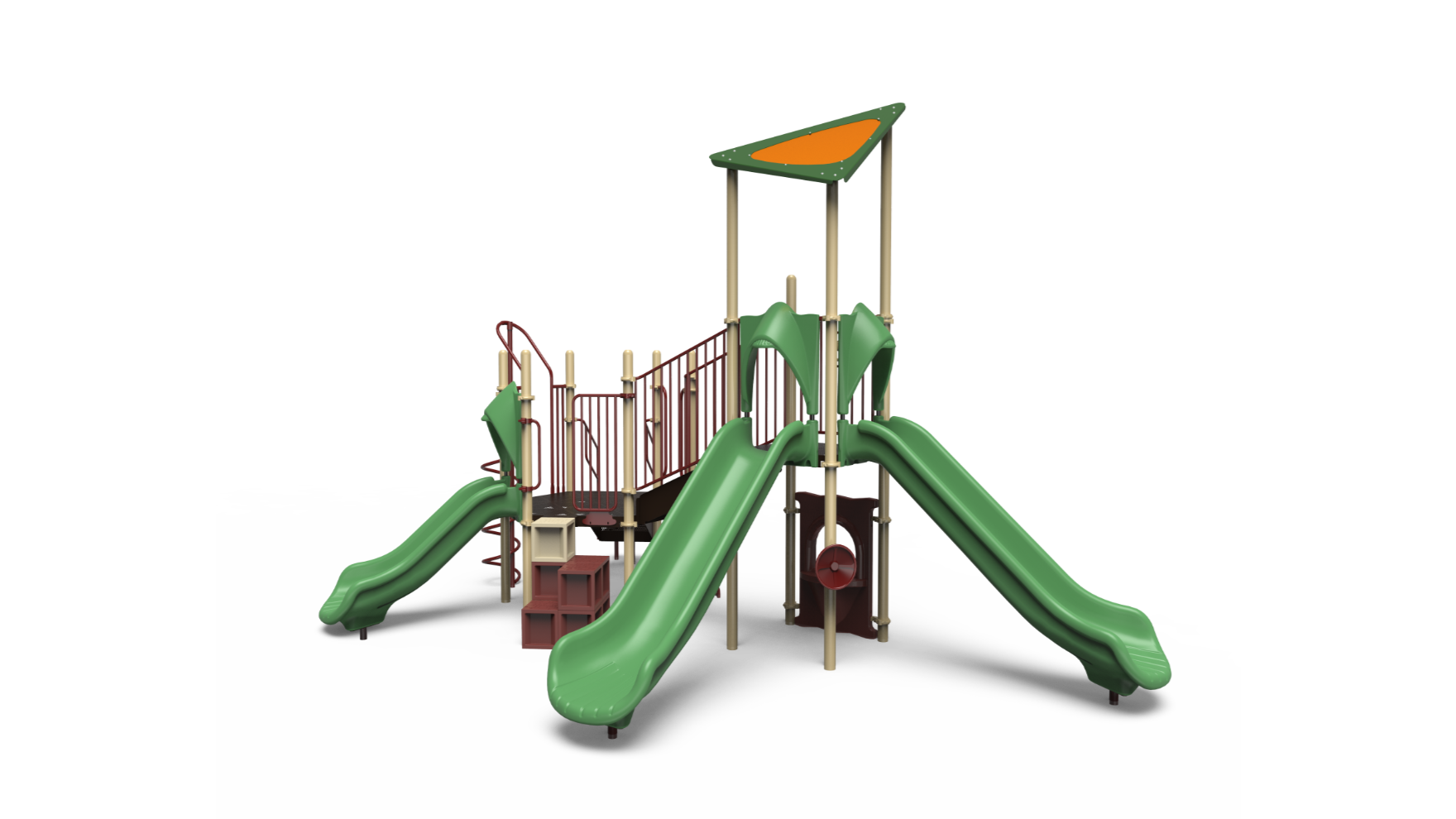 A colorful Challengers playground 350-2166 early childhood unit with slides and climbing.