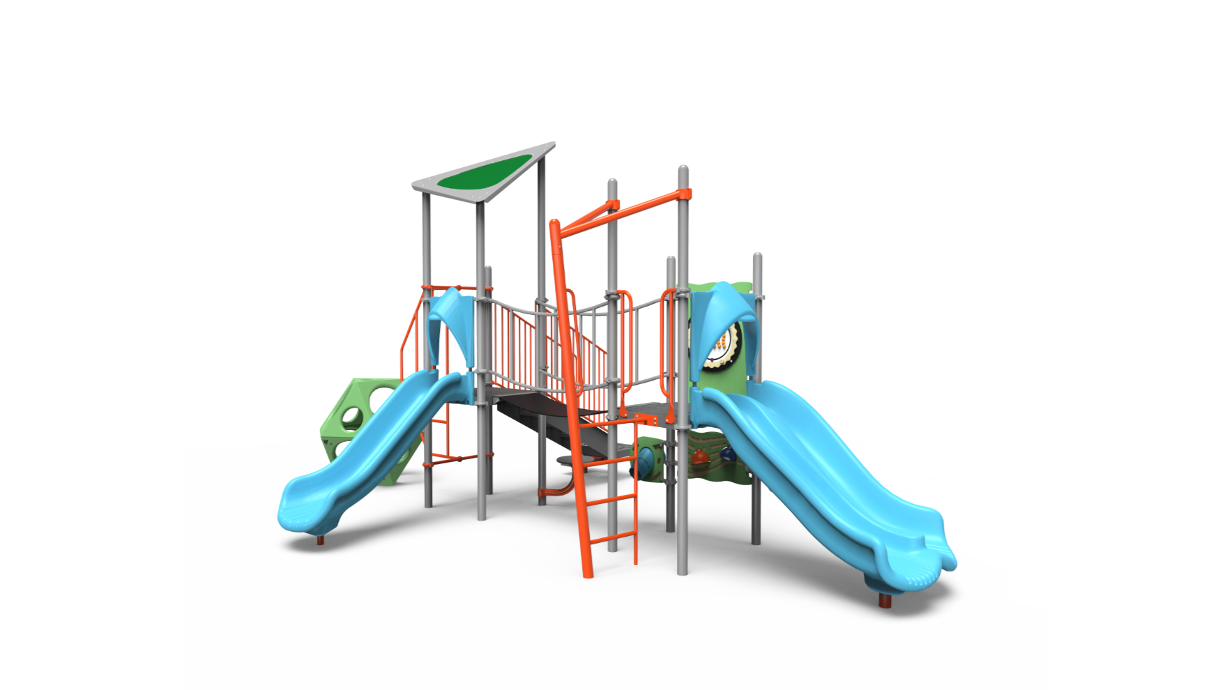 A colorful 350-2169 school-age playground set with slides, climbing features, and platforms.