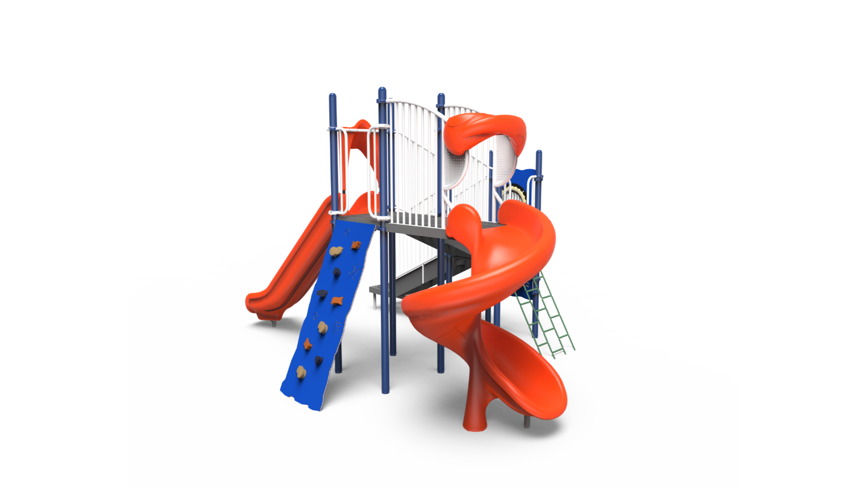 A colorful outdoor school-age playground set, model 350-2171, with slides, climbers, and platforms.