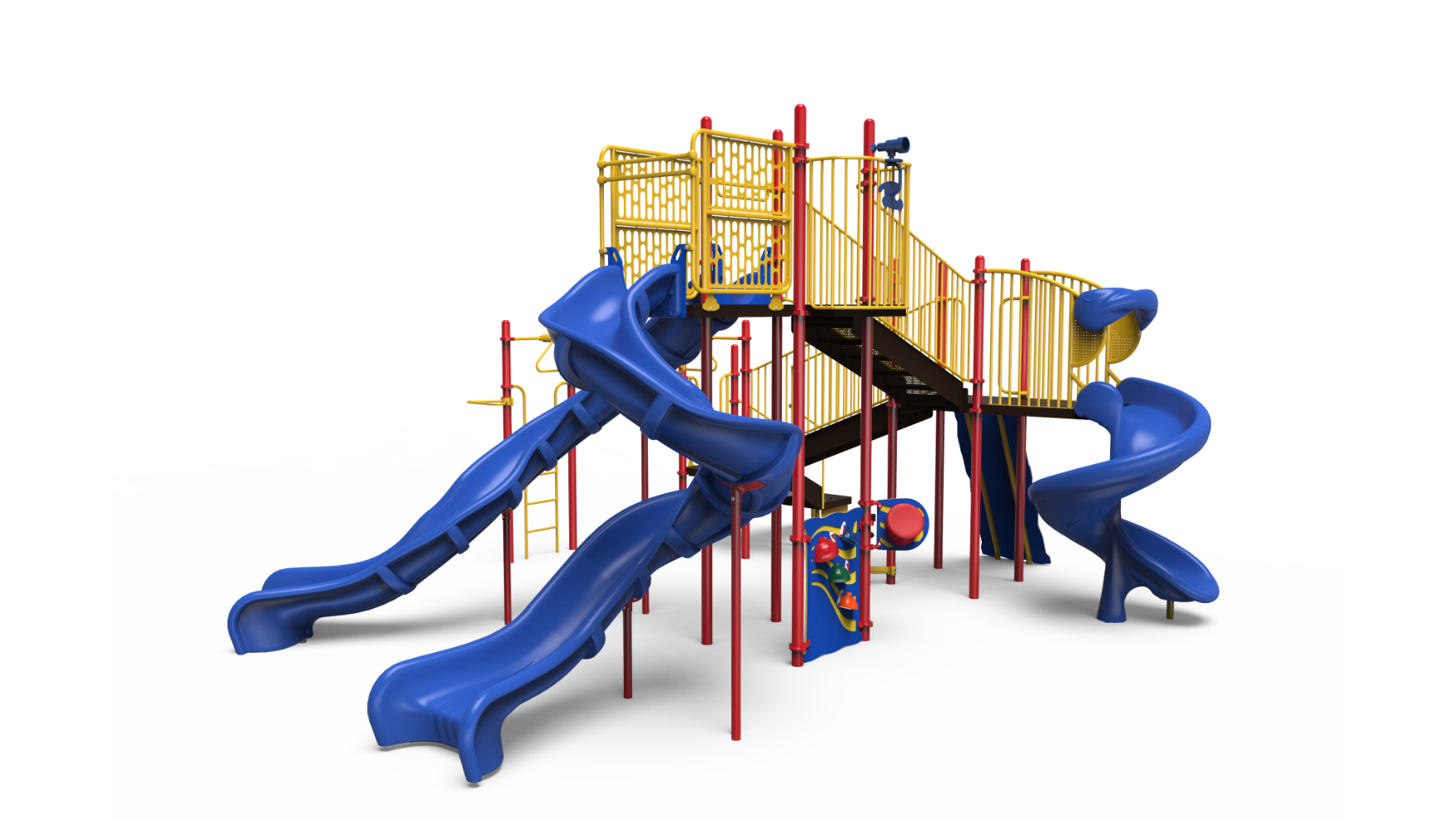 A vibrant 350-2179 playground set for school-age children, featuring slides and climbing elements.