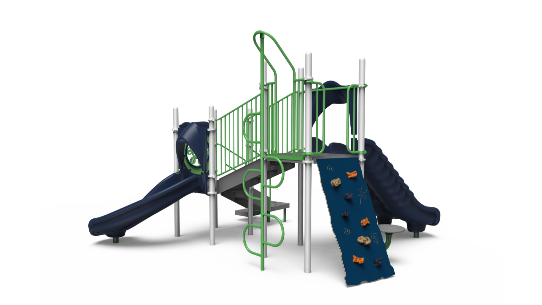A vibrant Challengers Playground 350-2183 set designed for school-age children, featuring slides and climbing elements.