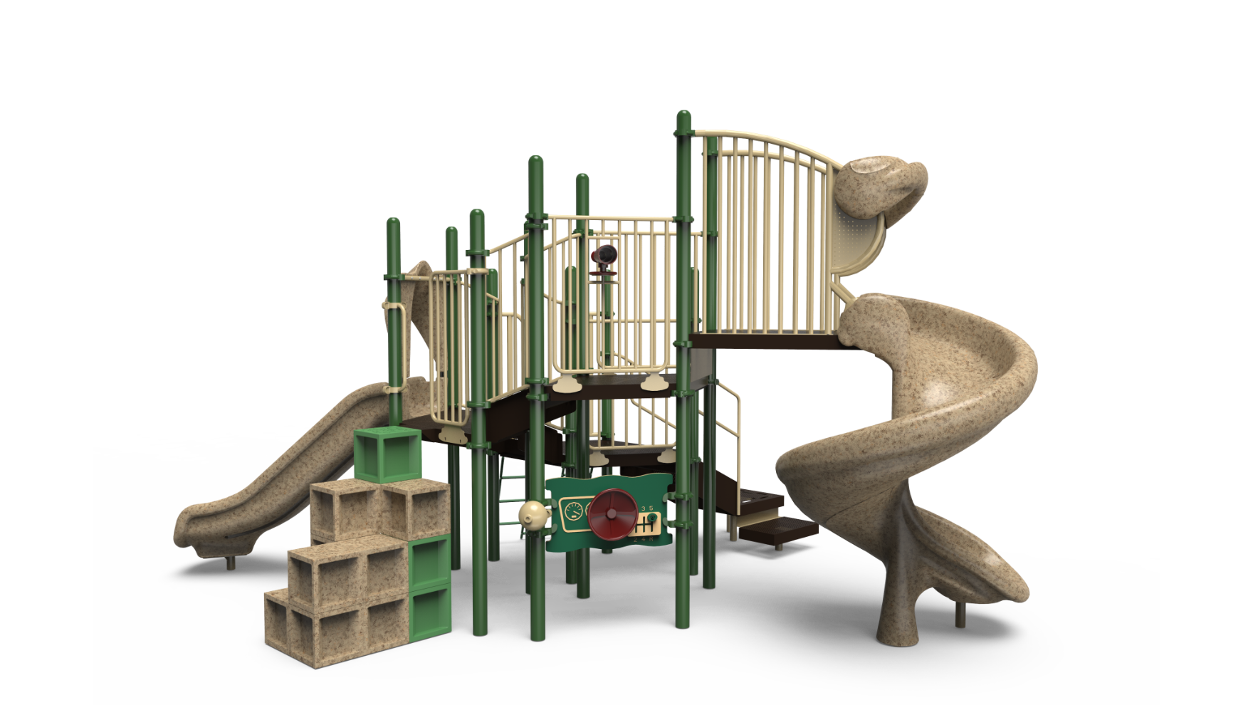 A vibrant 350-2184 playground set with slides, climbing walls, and activity panels, designed for school-age children.