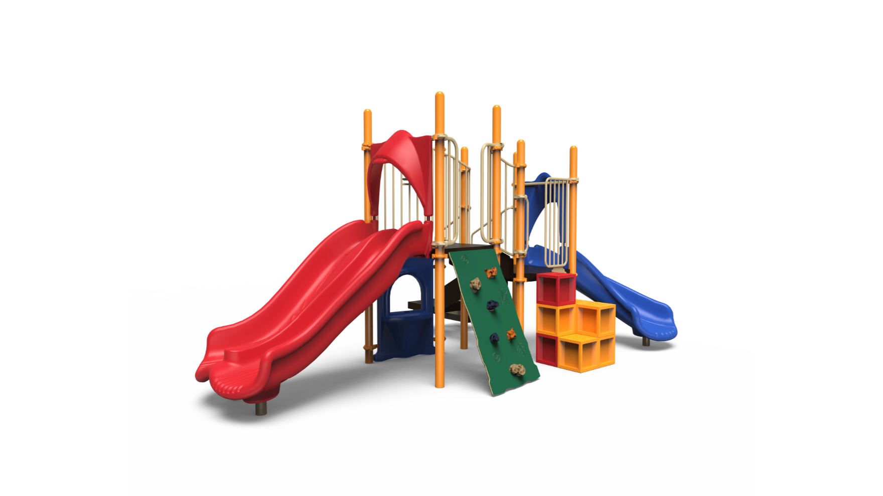 A vibrant 350-2237 playground set with slides and climbing features, designed for children of various ages.