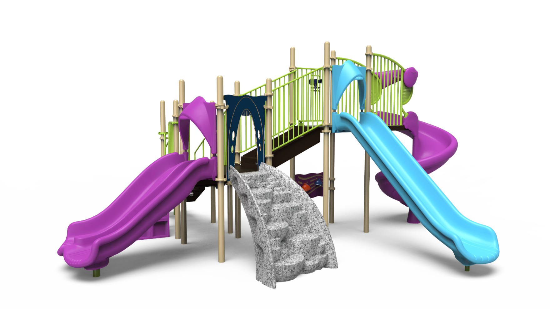 Vibrant Challengers playground 350-2260 school-age playground set for children, featuring slides, climbing walls, and activity panels.