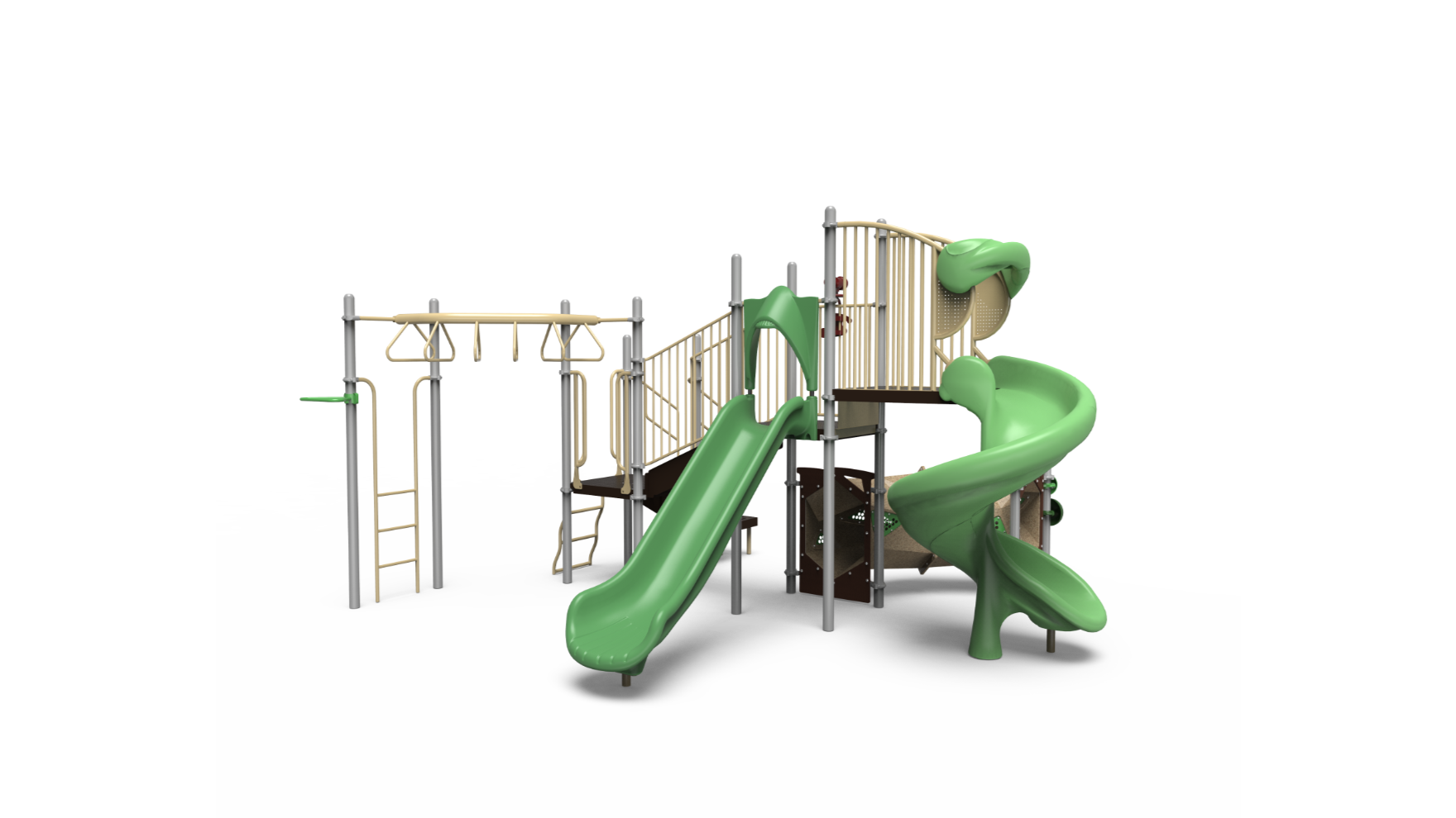 A colorful 350-2263 school-age playground set with slides and climbing features.