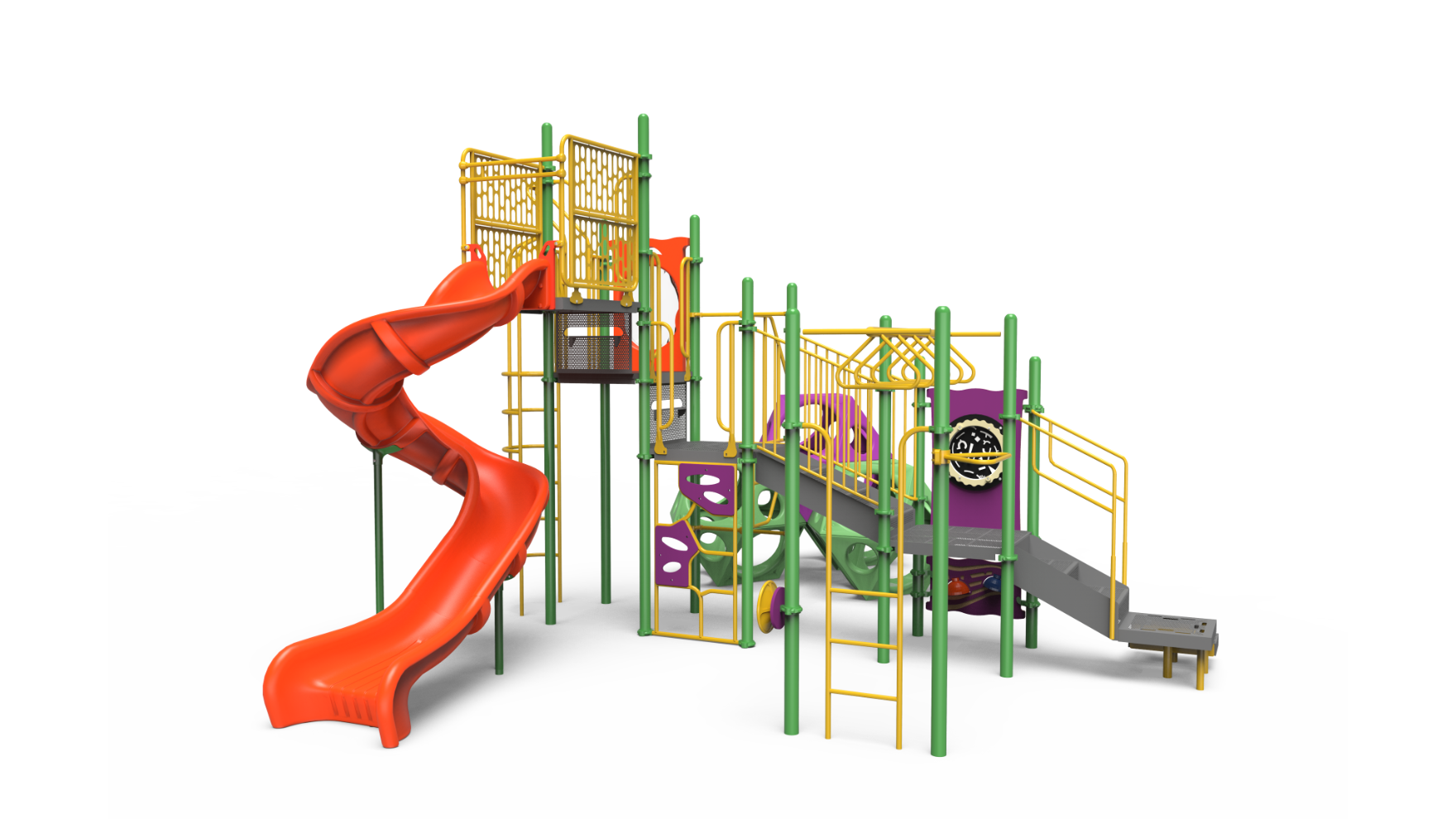 A vibrant 350-2268 school-age playground set with slides and climbing features.