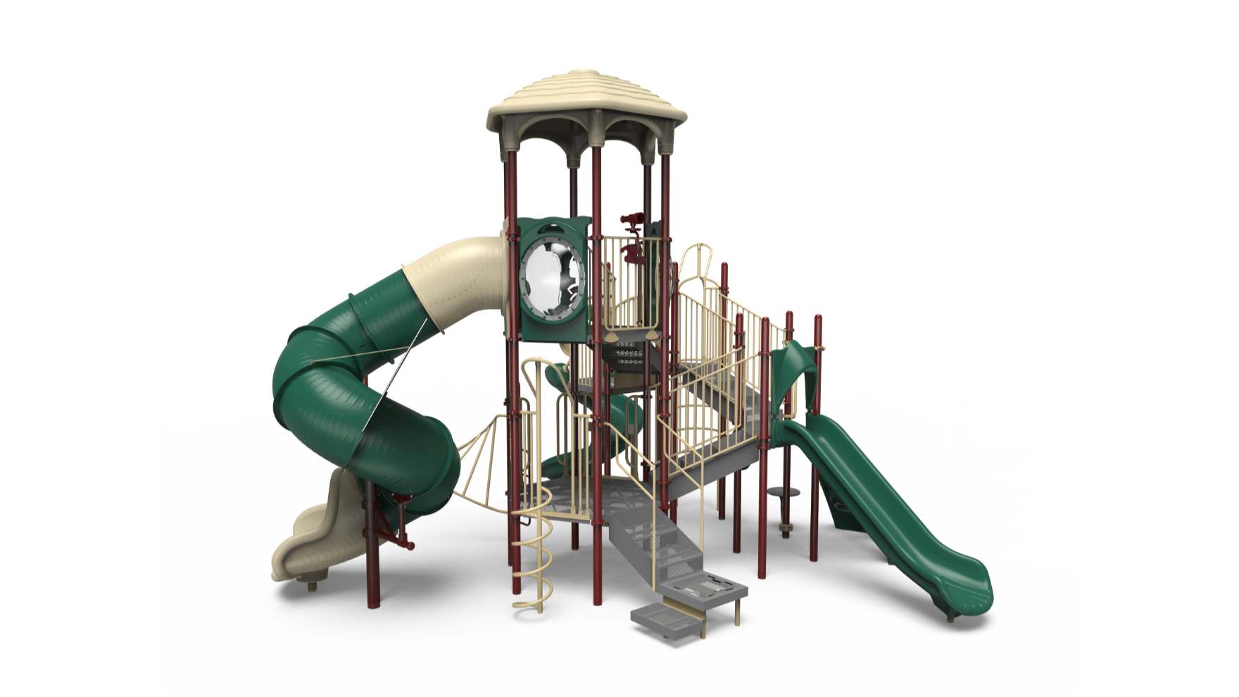A vibrant 350-2270 school-age playground set with slides and climbing features.