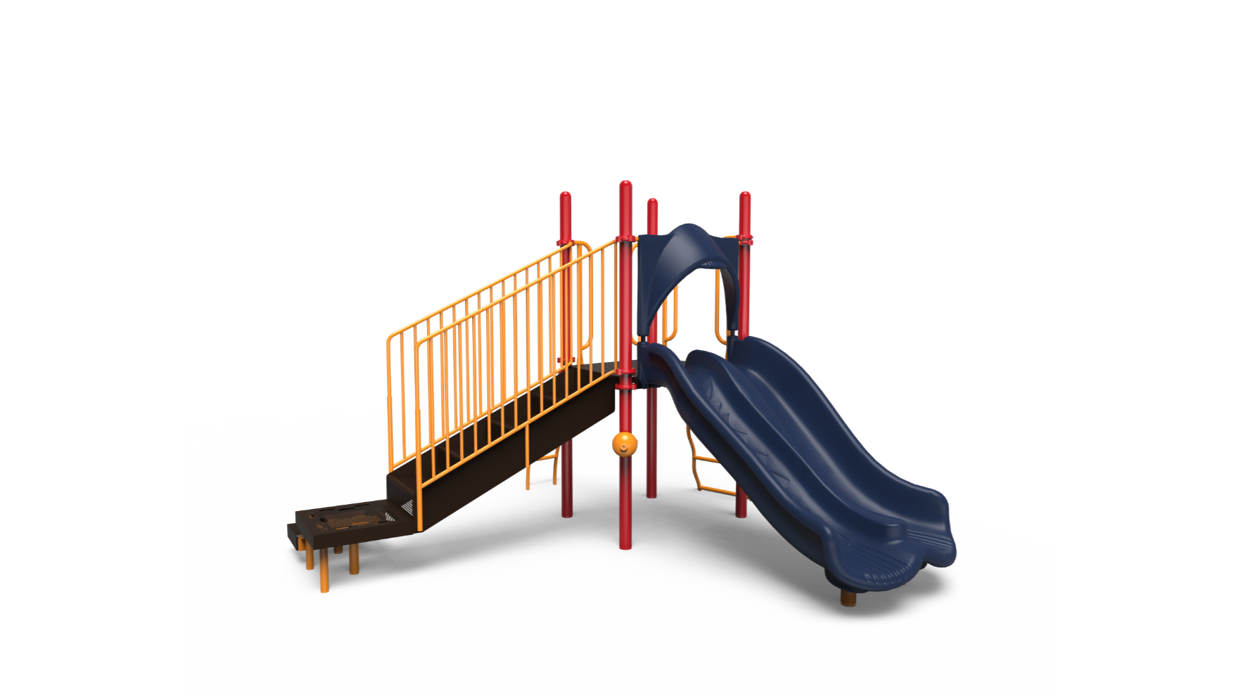 A vibrant multi-colored 350-2337 playground structure with slides and climbing features, set in a sunny park.