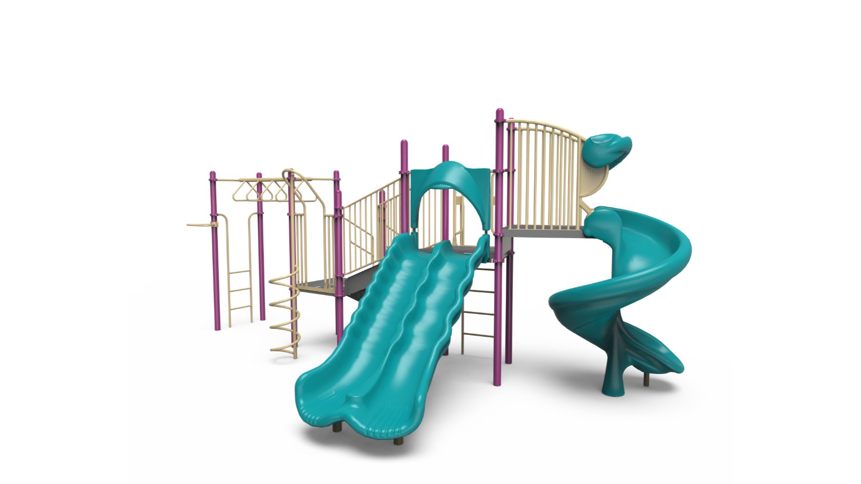 A vibrant 350-2339 playground set for school-age children, featuring slides and climbing elements in an outdoor setting.