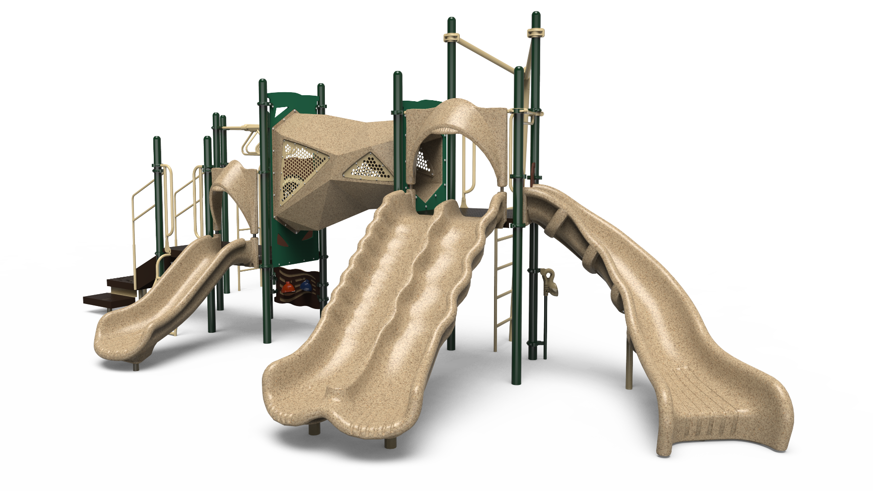 A vibrant school-age playground set, model 350-2340, with slides and climbing features.