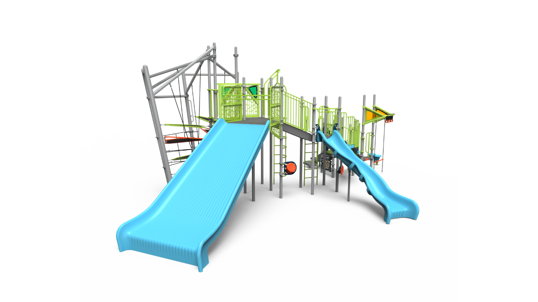 A vibrant Mighty Marina playground with multiple slides, climbing structures, and colorful platforms for school-age children.