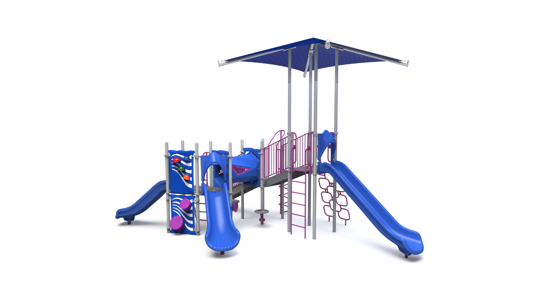 challengers playground 350-2532 school-age – A vibrant school-age playground set, Challengers playground 350-2532, with slides and climbing features.