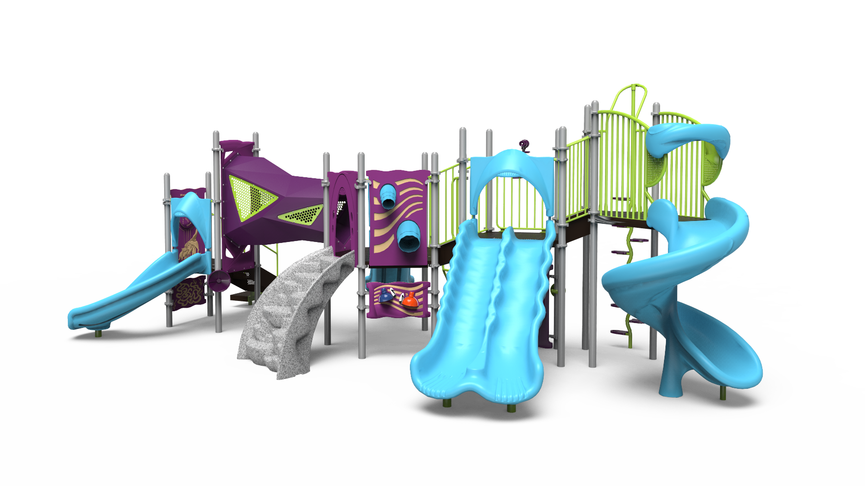 A vibrant 350-2533 early childhood playground structure with slides and climbing features.