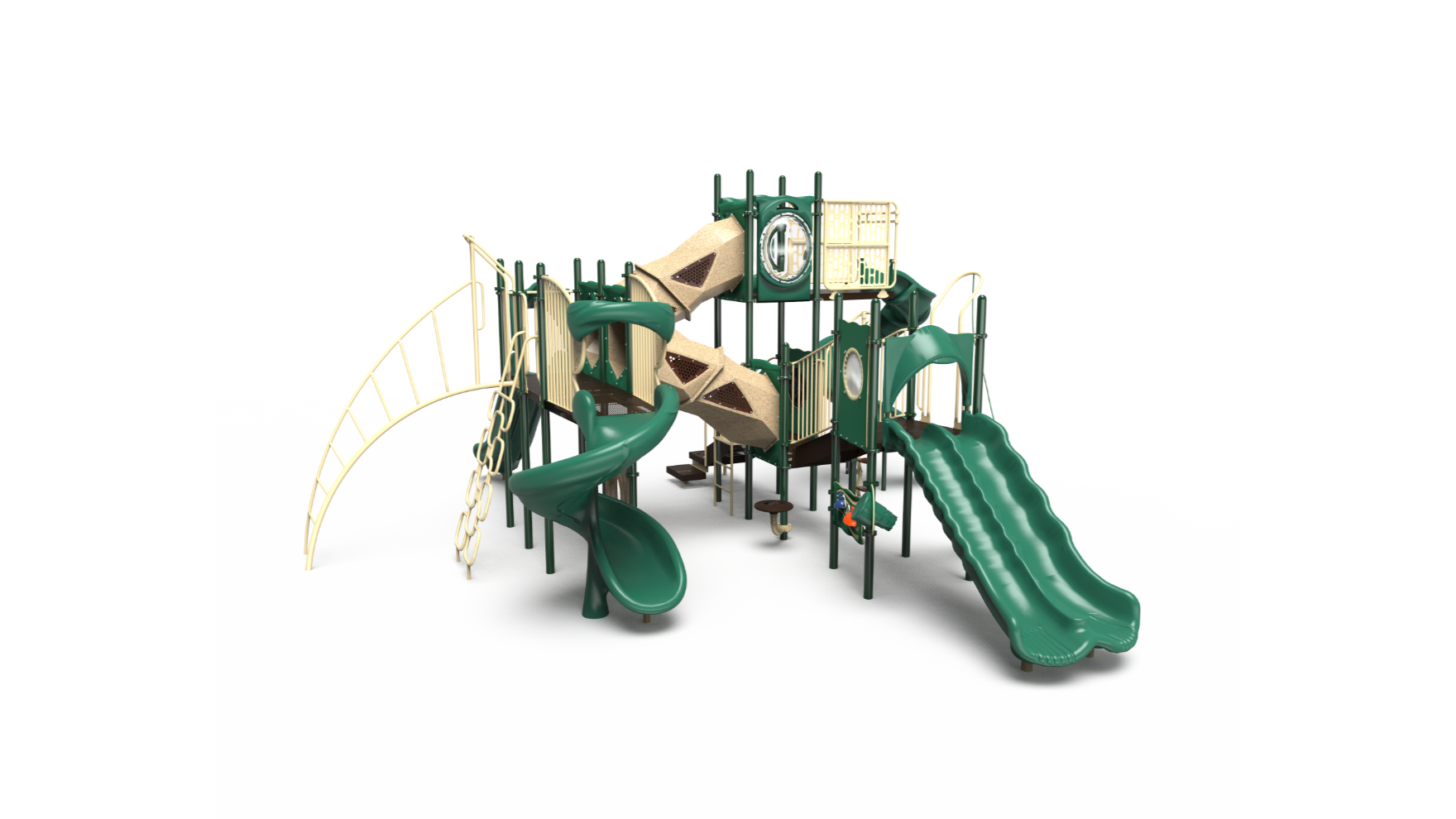 A vibrant 350-2535 playground set with slides and climbing features for school-age children.