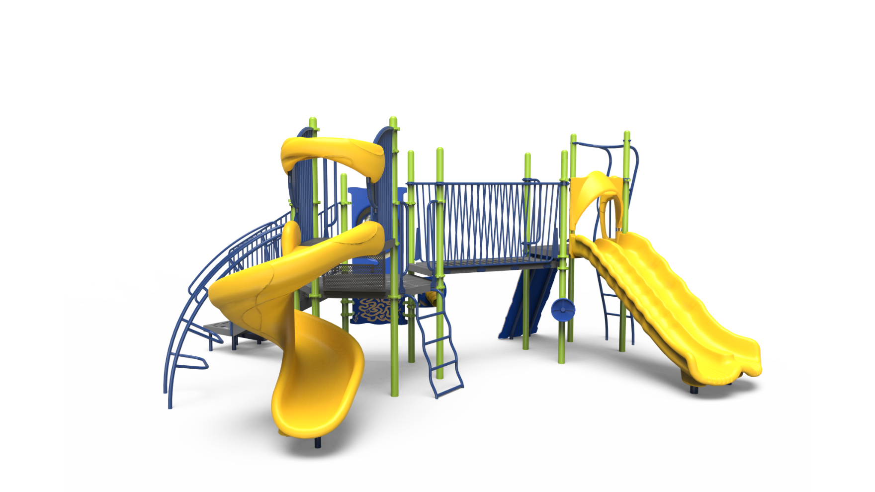 A vibrant school-age playground set, model 350-2545, with slides and climbing features.