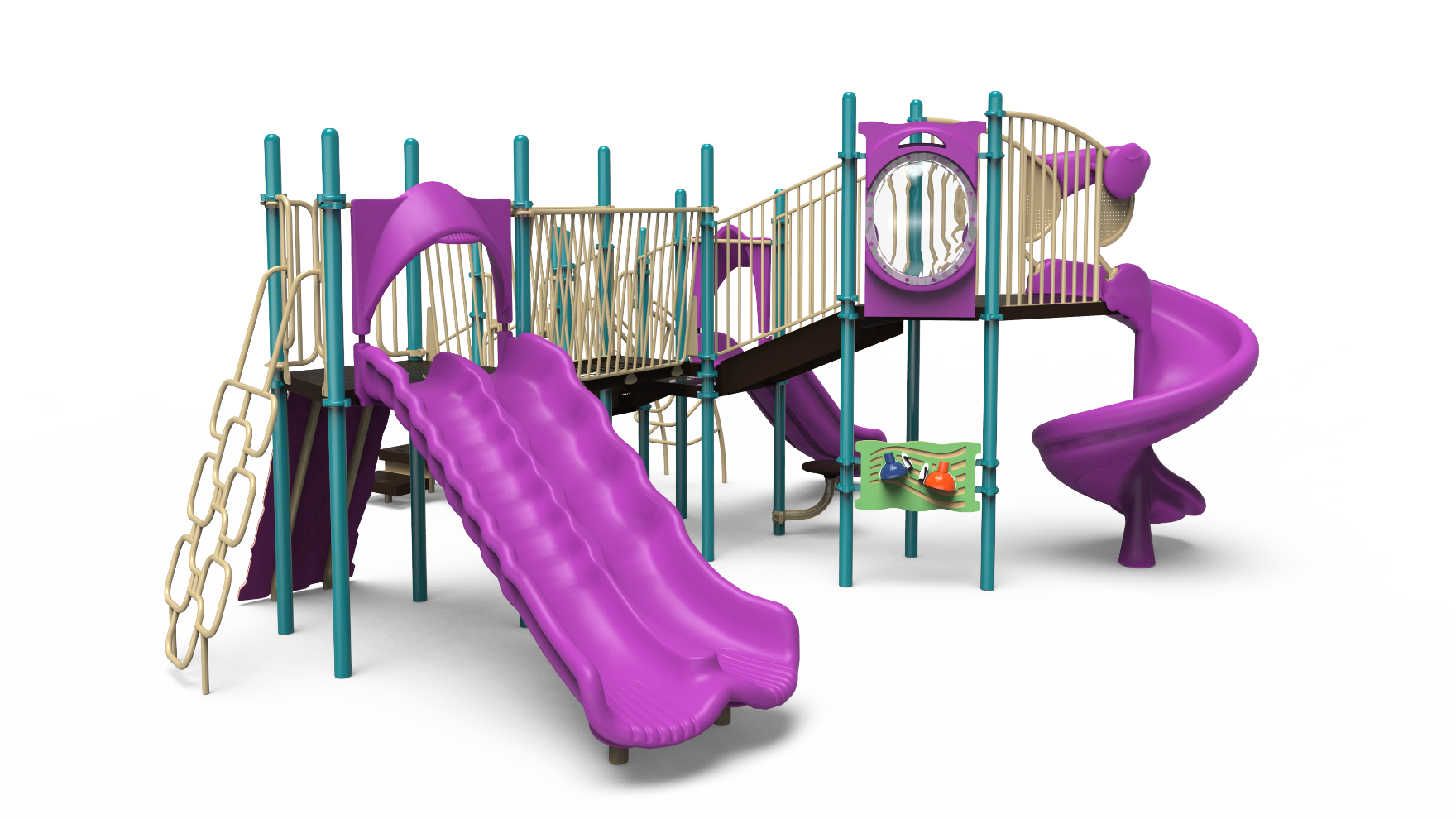 challengers playground 350-2546 early – A vibrant Challengers playground 350-2546 set with slides, climbing features, and colorful panels for children.