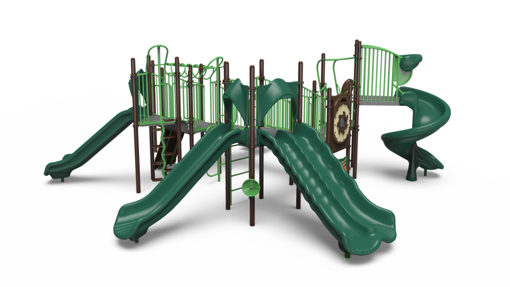 A large, colorful school-age playground system, model 350-2547, with slides and climbing features.