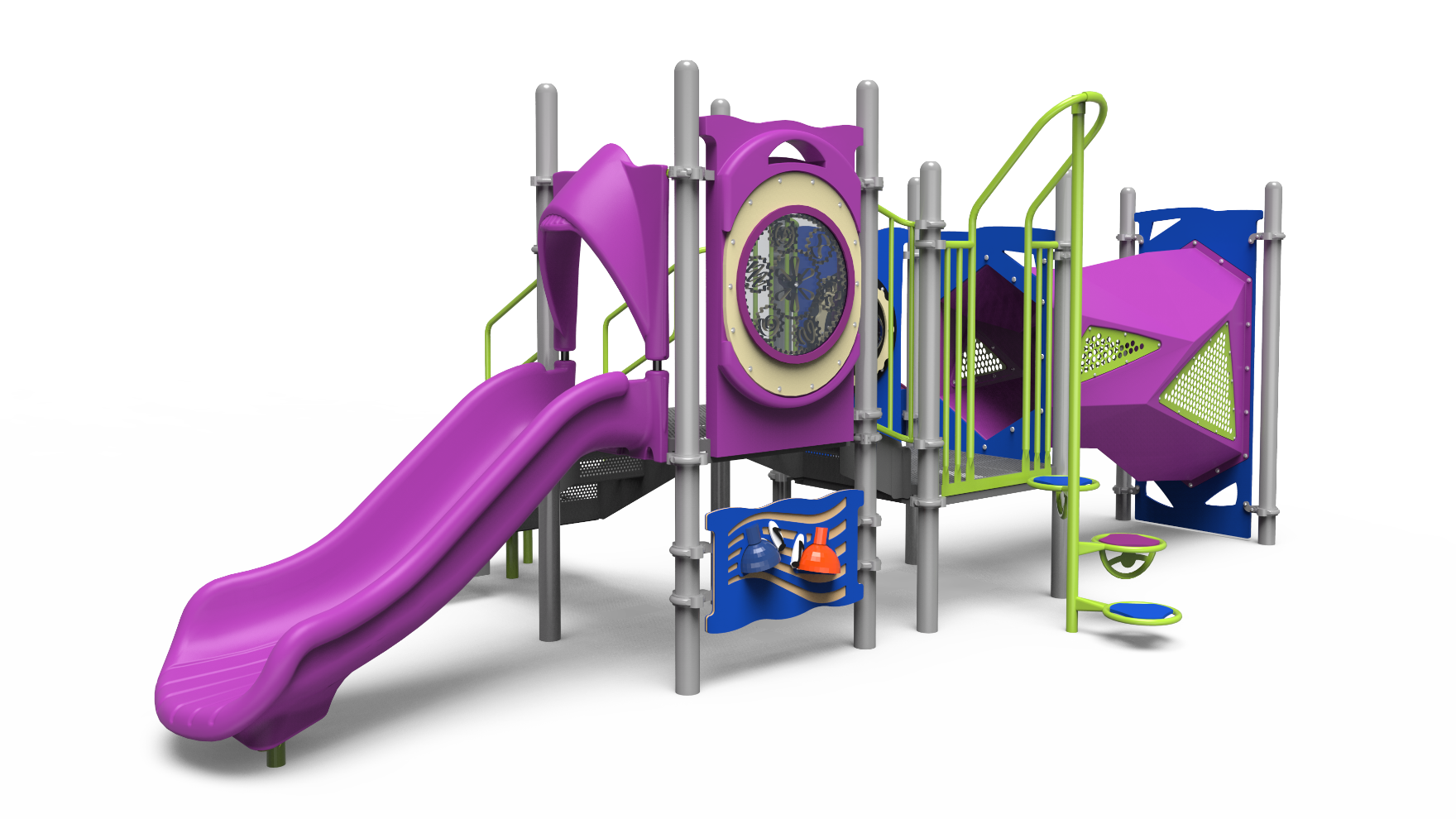 A vibrant Challengers playground 350-2631 early years structure with multiple slides and climbing features.