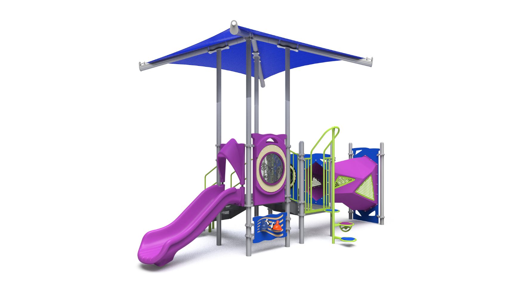 A colorful Challengers playground 350-2632 early childhood playground with slides and climbing features.