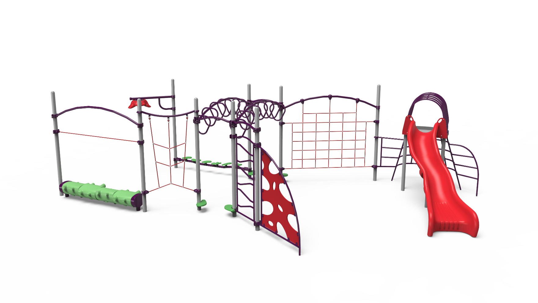 A vibrant 350-2637 school-age playground set with slides and climbing features.