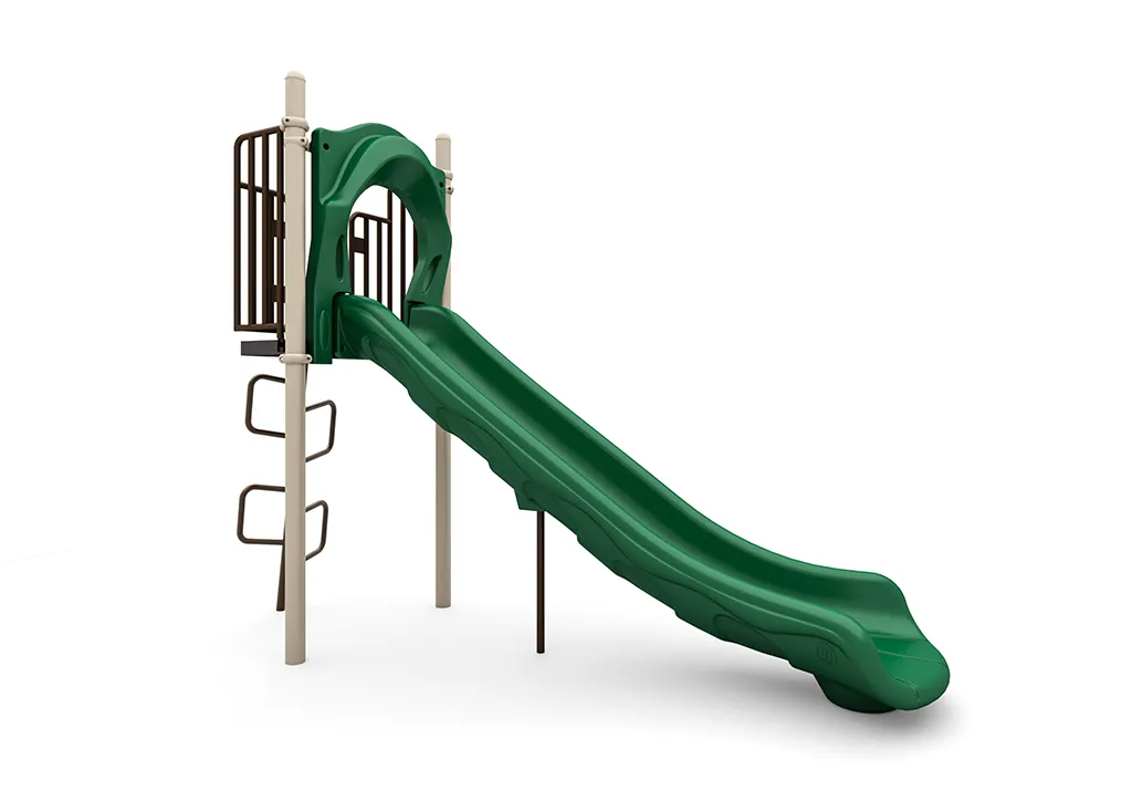 A bright yellow 5 foot freestanding single commercial slide on a playground, ready for kids aged 5-12.