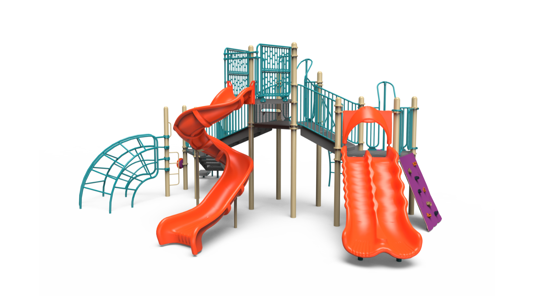 A vibrant school-age playground set, Challengers playground 500-2187, featuring slides and climbing elements.