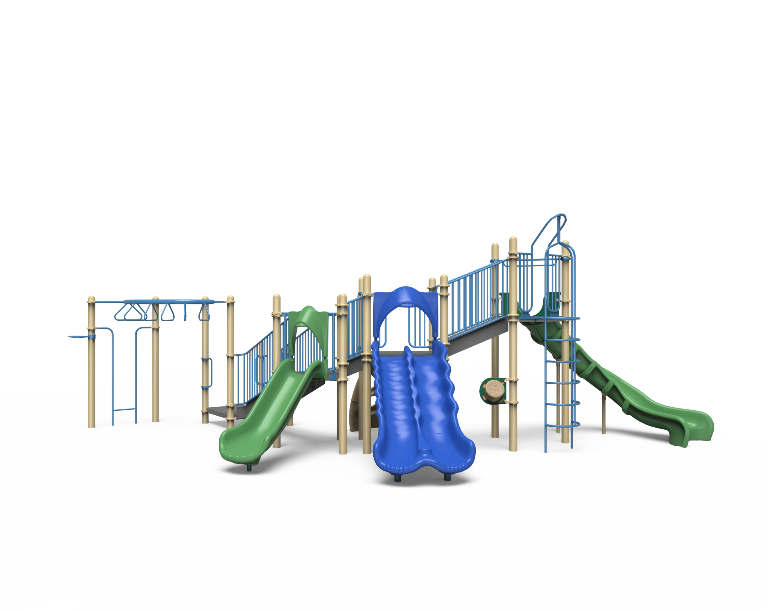 A vibrant 500-2267 school-age playground set with slides and climbing features.