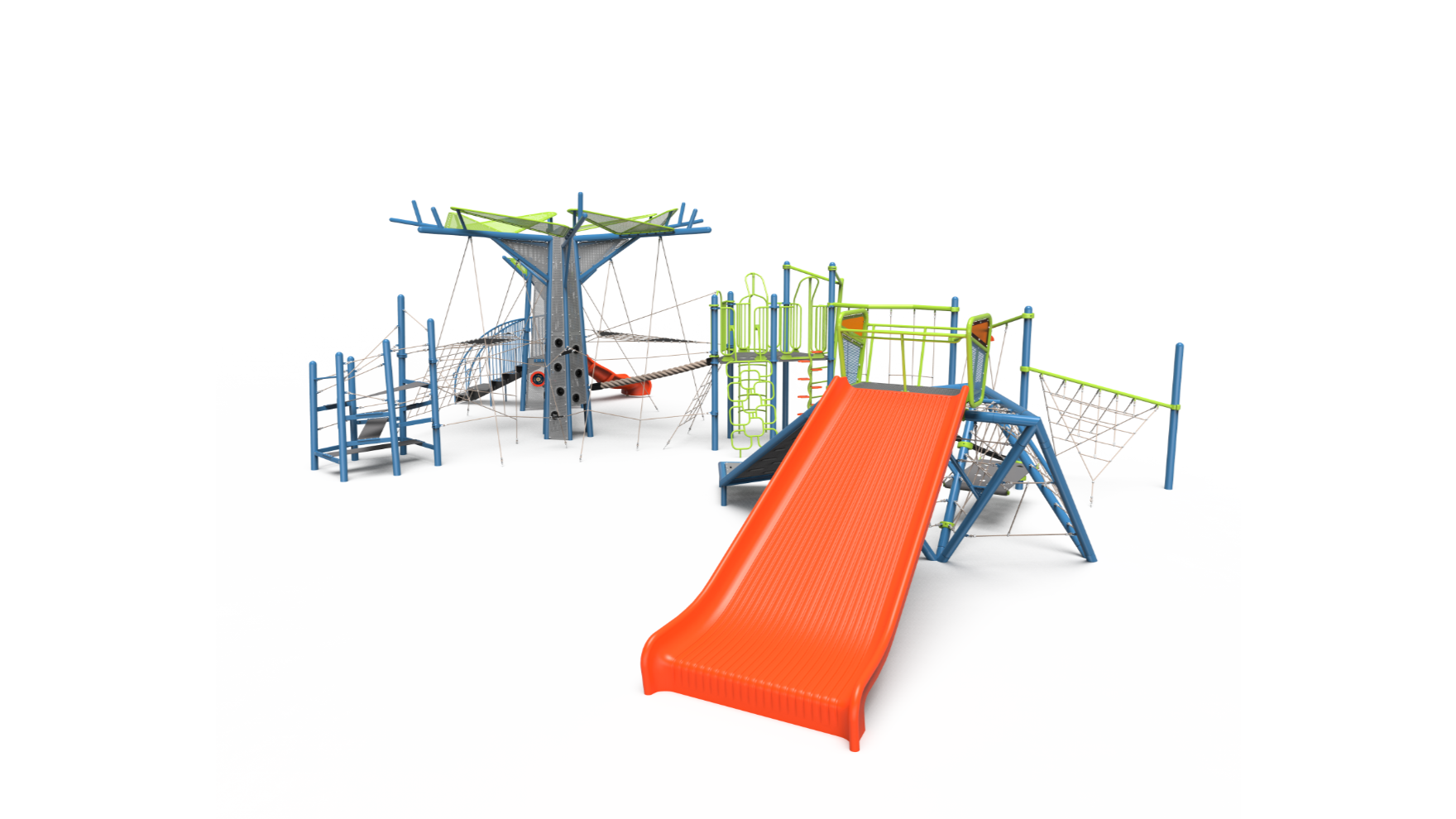 A vibrant Mighty Woods playground set with slides, climbers, and platforms for school-age children.