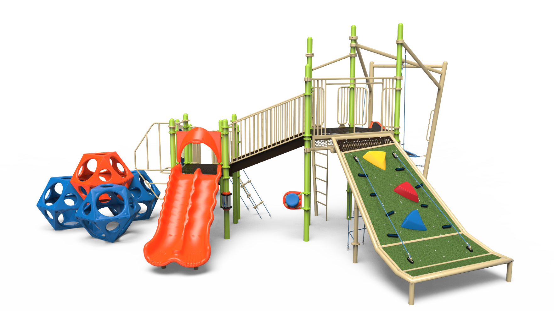 A vibrant outdoor Playful Pass playground set for school-age children.