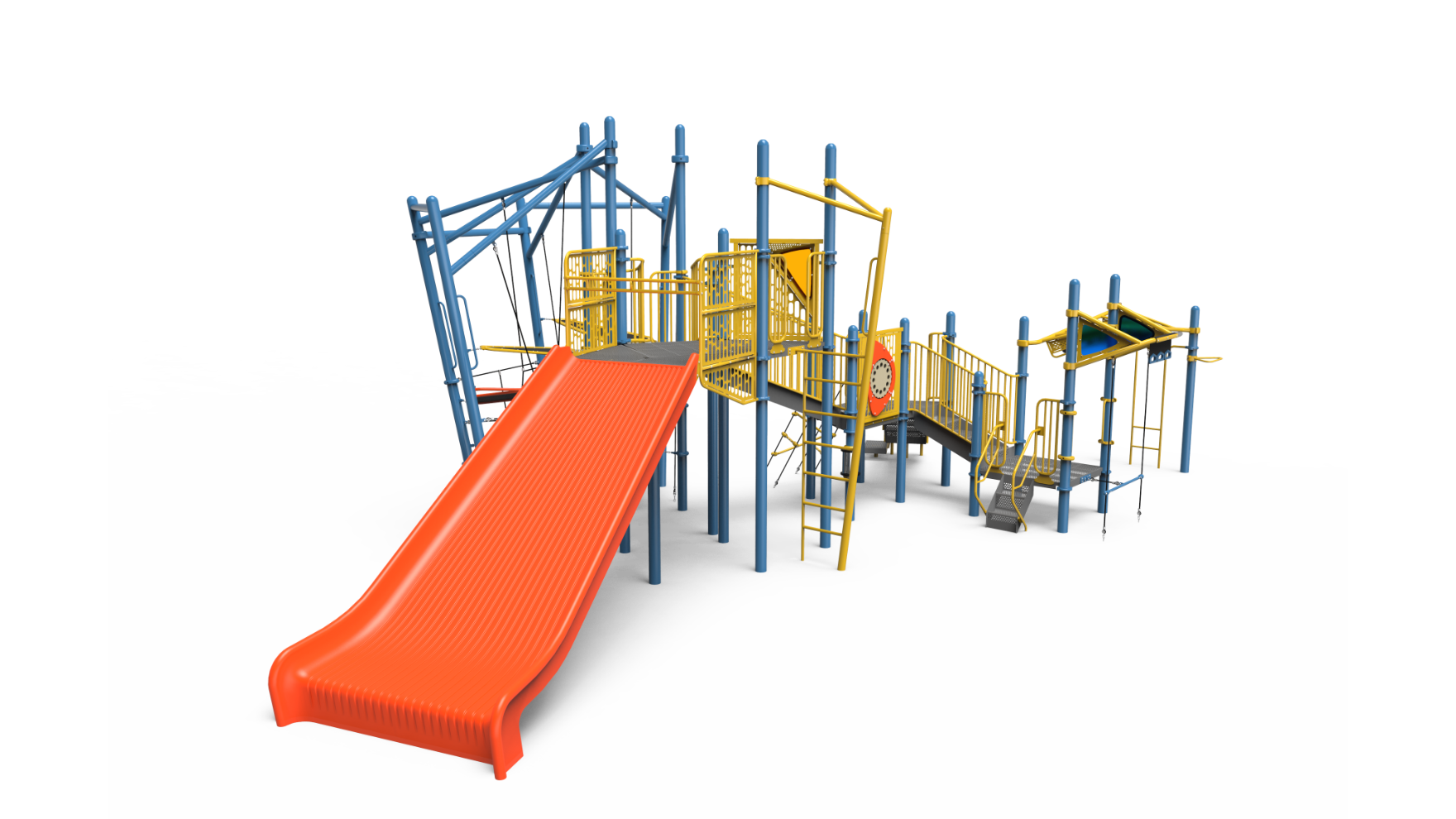 Sunny Ascent school-age playground structure with children actively playing.