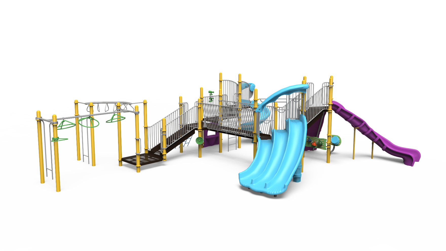 A large, colorful 500-2548 playground set with multiple slides, climbing structures, and platforms, designed for school-age children.