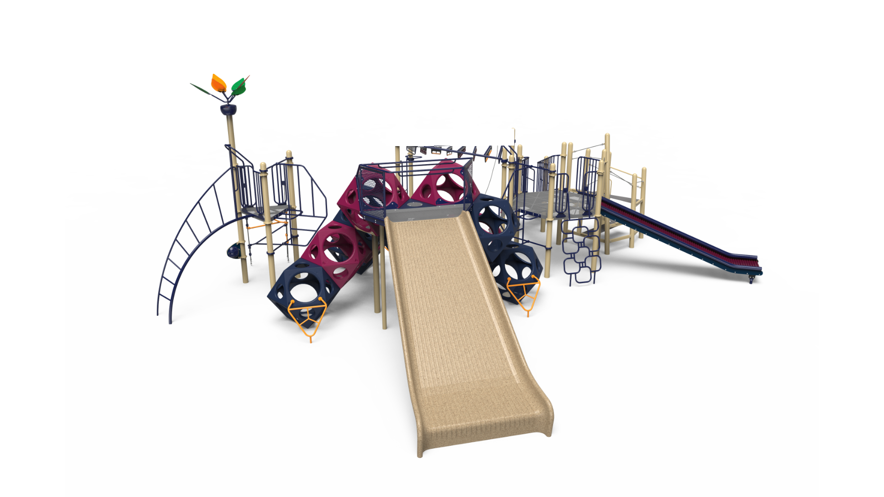 quirky quarry school-age – A colorful Quirky Quarry playground designed for school-age children, showing slides and climbing areas.